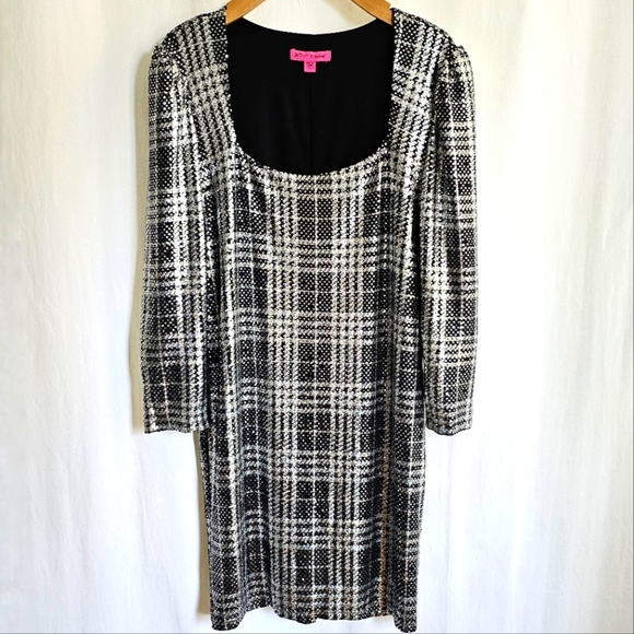 Betsey Johnson Black & Silver Metallic Plaid Glitter Sequin Mini Dress - Picture 7 of 16